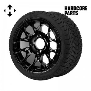 12" Black 'TARANTULA' Golf Cart Wheels and 215/35-12 DOT rated Low Profile tires - Set of 4, includes Black 'SS' center caps and 1/2"-20 lug nuts