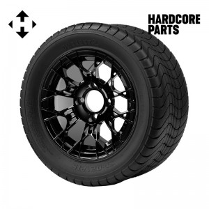 12" Black 'TARANTULA' Golf Cart Wheels and 215/50-12 (20.5″x8.5″-12″) DOT rated Comfort Ride tires - Set of 4, includes Black 'SS' center caps and 1/2"-20 lug nuts