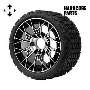 12" Machined/Black 'TARANTULA' Golf Cart Wheels and 18"x8.5"-12" All-Terrain tires - Set of 4, includes Chrome 'SS' center caps and 1/2"-20 lug nuts