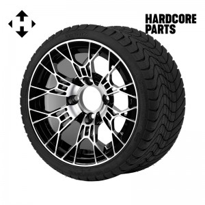 12" Machined/Black 'TARANTULA' Golf Cart Wheels and 215/35-12 DOT rated Low Profile tires - Set of 4, includes Chrome 'SS' center caps and 1/2"-20 lug nuts