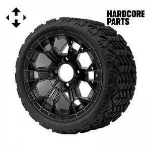 12" Matte Black 'MANTIS' Golf Cart Wheels and 18"x8.5"-12" All-Terrain tires - Set of 4, includes Matte Black 'SS' center caps and 1/2"-20 lug nuts