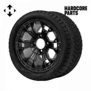 12" Matte Black 'MANTIS' Golf Cart Wheels and 215/40-12 (18.5″x8.5″-12″) DOT rated Low Profile tires - Set of 4, includes Matte Black 'SS' center caps and 1/2"-20 lug nuts