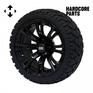 14" Black 'Voodoo' Golf Cart Wheel and Tire Combo - Set of 4, includes 'SS' center caps and lug nuts