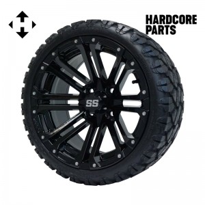 14" Black 'Lancer' Golf Cart Wheel and Tire Combo - Set of 4, includes 'SS' center caps and lug nuts