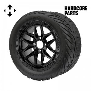 14" Black 'WIDOW' Golf Cart Wheels and 23"x10.5"-14" HELLFIRE DOT Rated Street tires - Set of 4, includes Black 'SS' center caps and 1/2"-20 lug nuts