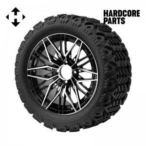 14" Machined/Black 'HORNET' Golf Cart Wheels and 23"x10"-14" DOT rated All-Terrain tires - Set of 4, includes Chrome 'SS' center caps and 12x1.25 lug nuts