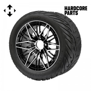 14" Machined/Black 'HORNET' Golf Cart Wheels and 23"x10.5"-14" HELLFIRE DOT Rated Street tires - Set of 4, includes Chrome 'SS' center caps and 12x1.25 lug nuts