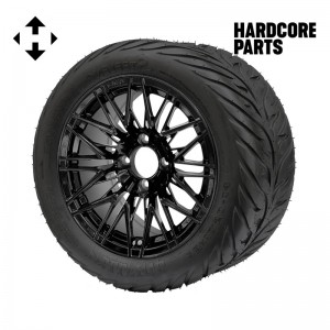 14" Black 'HORNET' Golf Cart Wheels and 23"x10.5"-14" HELLFIRE DOT Rated Street tires - Set of 4, includes Black 'SS' center caps and 1/2"-20 lug nuts