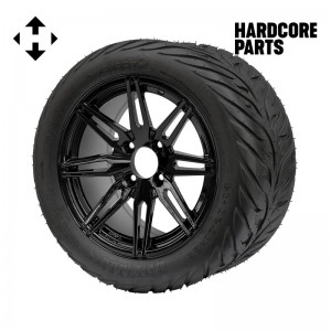 14" Black 'LYNX' Golf Cart Wheels and 23"x10.5"-14" HELLFIRE DOT Rated Street tires - Set of 4, includes Black 'SS' center caps and 12x1.25 lug nuts