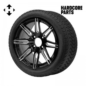 14" Machined/Black 'LYNX' Golf Cart Wheels and 205/30-14 (20"x8"-14") DOT rated Low Profile tires - Set of 4, includes Chrome 'SS' center caps and 1/2"-20 lug nuts
