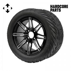 14" Machined/Black 'LYNX' Golf Cart Wheels and 23"x10.5"-14" HELLFIRE DOT Rated Street tires - Set of 4, includes Chrome 'SS' center caps and 1/2"-20 lug nuts