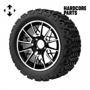 14" Machined/Black 'SABER TOOTH' Golf Cart Wheels and 23"x10"-14" DOT rated All-Terrain tires - Set of 4, includes Chrome 'SS' center caps and 1/2"-20 lug nuts