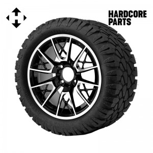 14" Machined/Black 'SABER TOOTH' Golf Cart Wheels and 23"x10.5"-14" STINGER On-Road/Off-Road DOT rated All-Terrain tires - Set of 4, includes Chrome 'SS' center caps and 1/2"-20 lug nuts