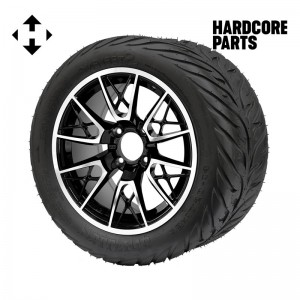 14" Machined/Black 'SABER TOOTH' Golf Cart Wheels and 23"x10.5"-14" HELLFIRE DOT Rated Street tires - Set of 4, includes Chrome 'SS' center caps and 1/2"-20 lug nuts