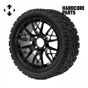 14" Black 'SABER TOOTH' Golf Cart Wheels and 20"x8.5"-14 STINGER On-Road/Off-Road DOT rated All-Terrain tires - Set of 4, includes Black 'SS' center caps and 1/2"-20 lug nuts