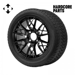 14" Black 'SABER TOOTH' Golf Cart Wheels and 205/30-14 (20"x8"-14") DOT rated Low Profile tires - Set of 4, includes Black 'SS' center caps and 1/2"-20 lug nuts