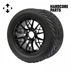 14" Black 'SABER TOOTH' Golf Cart Wheels and 23"x10.5"-14" HELLFIRE DOT Rated Street tires - Set of 4, includes Black 'SS' center caps and 12x1.25 lug nuts