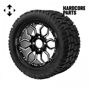 14" Machined/Black 'SCORPION' Golf Cart Wheels and 22"x10.5"-14" GATOR On-Road/Off-Road DOT rated All-Terrain tires - Set of 4, includes Chrome 'SS' center caps and 1/2"-20 lug nuts