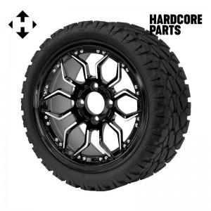 14" Machined/Black 'SCORPION' Golf Cart Wheels and 20"x8.5"-14 STINGER On-Road/Off-Road DOT rated All-Terrain tires - Set of 4, includes Chrome 'SS' center caps and 1/2"-20 lug nuts