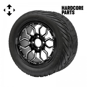14" Machined/Black 'SCORPION' Golf Cart Wheels and 23"x10.5"-14" HELLFIRE DOT Rated Street tires - Set of 4, includes Chrome 'SS' center caps and 1/2"-20 lug nuts
