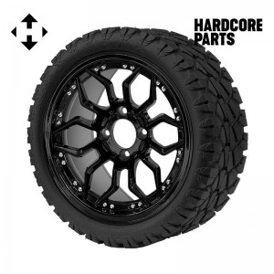 14" Black 'SCORPION' Golf Cart Wheels and 20"x8.5"-14 STINGER On-Road/Off-Road DOT rated All-Terrain tires - Set of 4, includes Black 'SS' center caps and 1/2"-20 lug nuts