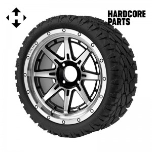 14" Machined/Black 'WOLVERINE' Golf Cart Wheels and 20"x8.5"-14 STINGER On-Road/Off-Road DOT rated All-Terrain tires - Set of 4, includes Chrome 'SS' center caps and 1/2"-20 lug nuts