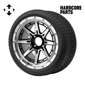 14" Machined/Black 'WOLVERINE' Golf Cart Wheels and 205/30-14 (20"x8"-14") DOT rated Low Profile tires - Set of 4, includes Chrome 'SS' center caps and 1/2"-20 lug nuts