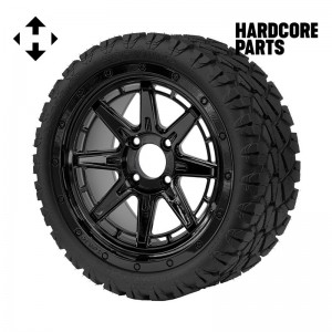 14" Black 'WOLVERINE' Golf Cart Wheels and 20"x8.5"-14 STINGER On-Road/Off-Road DOT rated All-Terrain tires - Set of 4, includes Black 'SS' center caps and 12x1.25 lug nuts