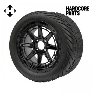14" Black 'WOLVERINE' Golf Cart Wheels and 23"x10.5"-14" HELLFIRE DOT Rated Street tires - Set of 4, includes Black 'SS' center caps and 1/2"-20 lug nuts