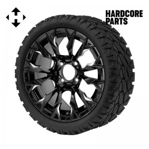 14" Machined/Black 'GOBLIN' Golf Cart Wheels and 20"x8.5"-14 STINGER On-Road/Off-Road DOT rated All-Terrain tires - Set of 4, includes Chrome 'SS' center caps and 1/2"-20 lug nuts