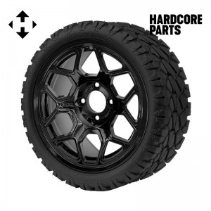 14" Black 'YETI' Golf Cart Wheels and 20"x8.5"-14 STINGER On-Road/Off-Road DOT rated All-Terrain tires - Set of 4, includes Black 'SS' center caps and 1/2"-20 lug nuts