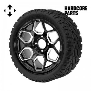14" Machined/Black 'YETI' Golf Cart Wheels and 20"x8.5"-14 STINGER On-Road/Off-Road DOT rated All-Terrain tires - Set of 4, includes Chrome 'SS' center caps and 1/2"-20 lug nuts