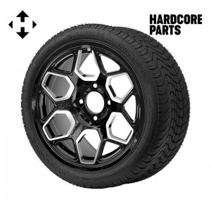 14" Machined/Black 'YETI' Golf Cart Wheels and 205/30-14 (20"x8"-14") DOT rated Low Profile tires - Set of 4, includes Chrome 'SS' center caps and 1/2"-20 lug nuts