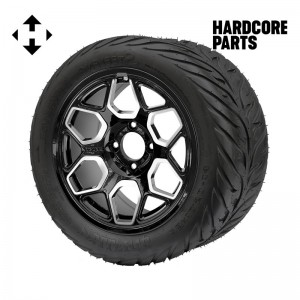 14" Machined/Black 'YETI' Golf Cart Wheels and 23"x10.5"-14" HELLFIRE DOT Rated Street tires - Set of 4, includes Chrome 'SS' center caps and 1/2"-20 lug nuts