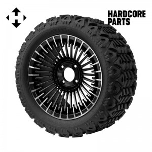 14" Machined/Black 'PIRANHA' Golf Cart Wheels and 23"x10"-14" DOT rated All-Terrain tires - Set of 4, includes Chrome 'SS' center caps and 12x1.25 lug nuts