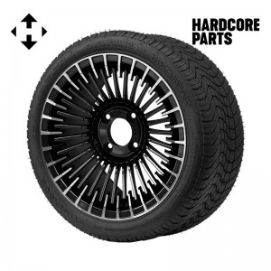 14" Machined/Black 'PIRANHA' Golf Cart Wheels and 205/30-14 (20"x8"-14") DOT rated Low Profile tires - Set of 4, includes Chrome 'SS' center caps and 1/2"-20 lug nuts