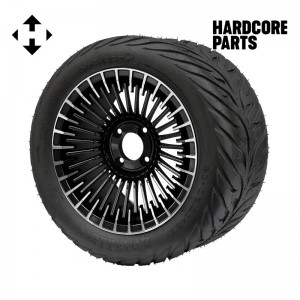 14" Machined/Black 'PIRANHA' Golf Cart Wheels and 23"x10.5"-14" HELLFIRE DOT Rated Street tires - Set of 4, includes Chrome 'SS' center caps and 12x1.25 lug nuts