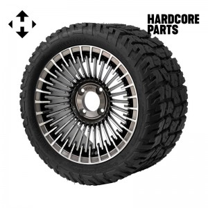 14" Gunmetal 'PIRANHA' Golf Cart Wheels and 22"x10.5"-14" GATOR On-Road/Off-Road DOT rated All-Terrain tires - Set of 4, includes Chrome 'SS' center caps and 12x1.25 lug nuts