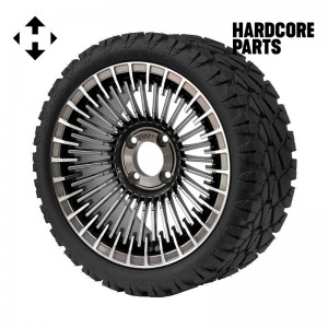 14" Gunmetal 'PIRANHA' Golf Cart Wheels and 20"x8.5"-14 STINGER On-Road/Off-Road DOT rated All-Terrain tires - Set of 4, includes Chrome 'SS' center caps and 12x1.25 lug nuts