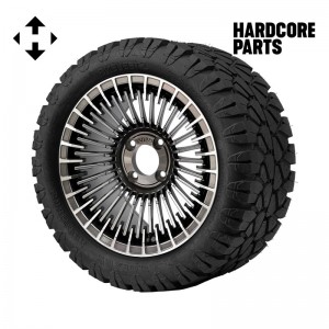 14" Gunmetal 'PIRANHA' Golf Cart Wheels and 23"x10.5"-14" STINGER On-Road/Off-Road DOT rated All-Terrain tires - Set of 4, includes Chrome 'SS' center caps and 12x1.25 lug nuts