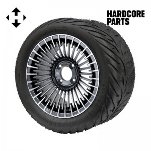 14" Gunmetal 'PIRANHA' Golf Cart Wheels and 23"x10.5"-14" HELLFIRE DOT Rated Street tires - Set of 4, includes Chrome 'SS' center caps and 1/2"-20 lug nuts
