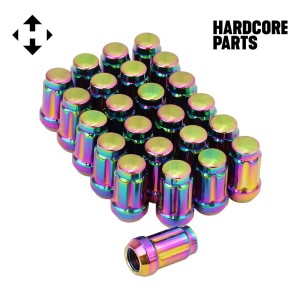 24 QTY Neo Chrome Closed End Spline Drive Lug Nuts with Key- Metric 12x1.25 Threads - Conical Cone Taper Acorn Seat Closed End - 1.4" Length - for Subaru, Nissan, Infiniti, & Suzuki + More