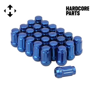 24 QTY Blue Closed End Spline Drive Lug Nuts with Key- Metric 12x1.5 Threads - Conical Cone Taper Acorn Seat Closed End - 1.4" Length - for Honda Acura Toyota Mazda Hyundai+ More